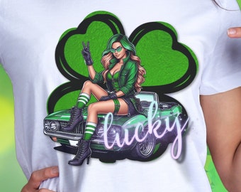 Clip Art Lucky Female Leprechaun Vintage Car PNG Sublimation Design Graphic art for T-shirt, St Patrick's Day Tumblers, Kitchen Towels