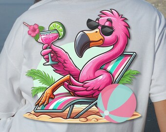 Beach Flamingo with Margarita PNG, Shirt Sublimation Design