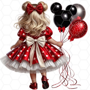 Petite fille en robe rouge à pois tenant un ballon de souris PNG - Images de fête d'anniversaire, création de t-shirt, invitations et panneau de signalisation de jardin