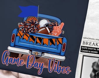 Game Day Vibes Vintage Truck Graphic - Football Team Spirit Shirt, Tumbler Decor | Blue and Orange School Colors Tiger Mascot Design
