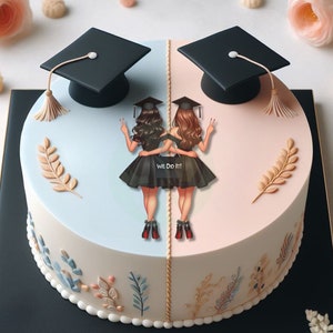 Imágenes prediseñadas de graduación de chicas, imágenes prediseñadas de doble graduación, imágenes prediseñadas de último año de secundaria, imágenes prediseñadas de estudiantes de moda, graduación de hermanas, mejores amigas, lo hicimos