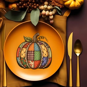 パンプキンプレースカード コケットグラフィック PNG - フェイクキルトレースパッチワークデザイン - 秋秋デジタルプリント - コテージコア - 感謝祭クリップアート