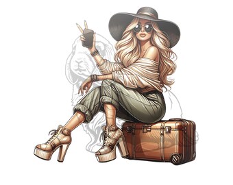 Travel Girl Clipart, Jetsetter Fashion Graphic (PNG)