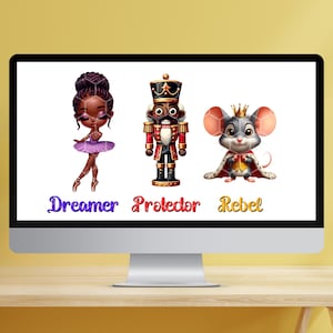 Afrikaans-Amerikaanse notenkrakerploeg sublimatiekunst | The Dreamer (Ballerina), The Protector (Notenkraker), The Rebel (Mouse King)|Kerstdecor