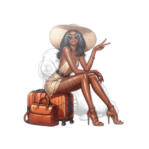 Clipart di ragazze in viaggio, ragazze in viaggio, jetsetter, moda, clipart di vacanze, clipart di bagagli, pianificatore, ragazza, vacanza, grafica, segno di pace