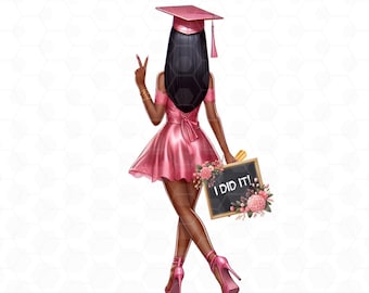 Graduation Girl Clipart Schwarz Amerikanisch Afrikaner Britisch Karibik High School College Rosa Kleid Kuchen Handwerk T-shirt Dekor PNG Grafikkunst