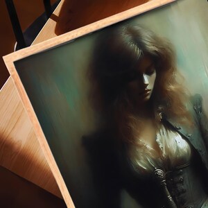 Victorian Art Moody Painting: Dark Academia Wall Art, Gothic Decor Printable – Moody Aesthetic Sword Portrait of Victorian Woman