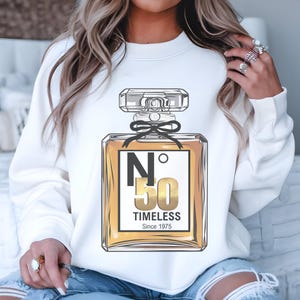 Clipart del 50.° cumpleaños, vintage, n.° 50, atemporal desde 1975, botella de perfume PNG: diseño gráfico para camisetas, adornos para tartas, tarjetas y más