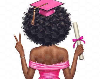 May include: A woman with an afro hairstyle wearing a pink graduation cap and gown, holding a diploma with a pink ribbon. She is making the peace sign with her left hand.