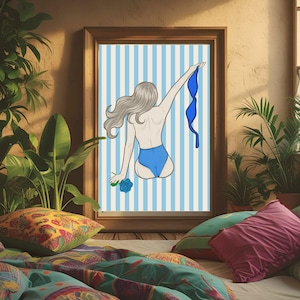 Bikini Print Blue Wall Art, Coastal Aesthetic Poster, Beachy Decor, Digital Download, College Apartment, Home Office, Coastal Cowgirl Print