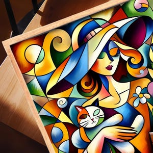 Arte de pared geométrico de mujer gato, decoración moderna, impresión atrevida, cubismo, mujer abstracta, arte fino femenino, decoración de habitación feminista, impresión digital estética