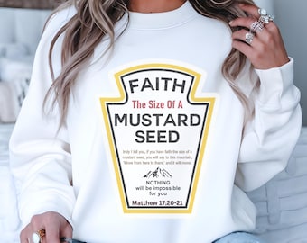 Fe de una semilla de mostaza PNG - Diseño de etiqueta de mostaza vintage - Versículo bíblico de Mateo 17:20 - Sublimación cristiana, calcomanía, camiseta, taza