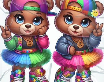 Può includere: Due orsetti di peluche dei cartoni animati con abiti colorati. Ogni orso ha un berretto da baseball al contrario, una catena d'oro e un tutù. Gli orsi indossano scarpe da ginnastica a puzzle e fanno il segno della pace.