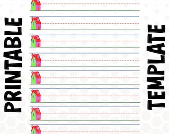 Papel rayado imprimible para escribir a mano (fondo verde, tapa azul), hojas de práctica de escritura, descarga digital, hoja de trabajo para jardín de infantes y primaria.