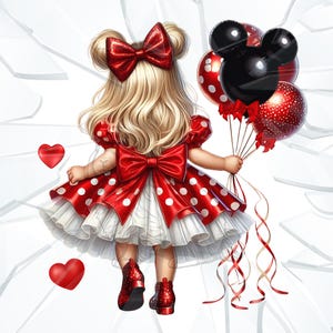 Petite fille en robe rouge à pois tenant un ballon de souris PNG - Images de fête d'anniversaire, création de t-shirt, invitations et panneau de signalisation de jardin