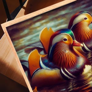 May include: Two mandarin ducks with colorful plumage, one with a bright orange and blue head and the other with a brown and white head, are swimming in a pond. The ducks are depicted in a painterly style with a soft, blurred background.