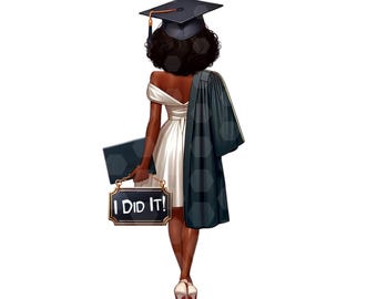 Graduation Girl Clipart Schwarz Amerikanisch Afrikaner Britisch Karibik High School College Weißes Kleid Kuchen Handwerk T-shirt Dekor PNG Grafikkunst