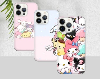 May include: Three phone cases with a pink, blue, and white background featuring cartoon characters. The pink case has a group of cartoon characters with the text "Cute". The blue case has a group of cartoon characters with the text "Cute". The white case has a group of cartoon characters with the text "Cute".