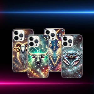 May include: Four phone cases with zodiac designs. Each case features a different astrological sign: Aries, Taurus, Gemini, and Cancer. The cases have a dark background with colourful celestial imagery and the corresponding zodiac symbols.