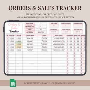 May include: A digital Orders & Sales Tracker spreadsheet displayed on a tablet screen. The interface features a dashboard with total orders, revenue, and unpaid balance metrics, alongside a detailed table for tracking customer names, order dates, and items.