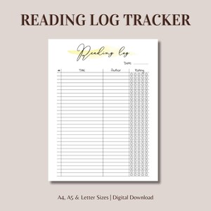 Registro de lectura imprimible, tamaño A4, A5 y carta, descarga digital en formato PDF