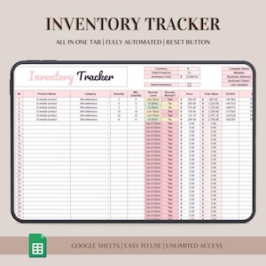 Puede incluir: Una hoja de cálculo digital de seguimiento de inventario en la pantalla de una tableta. La interfaz incluye columnas para nombre de producto, categoría, cantidad, nivel de reorden, precio y valor total, con texto como INVENTORY TRACKER.