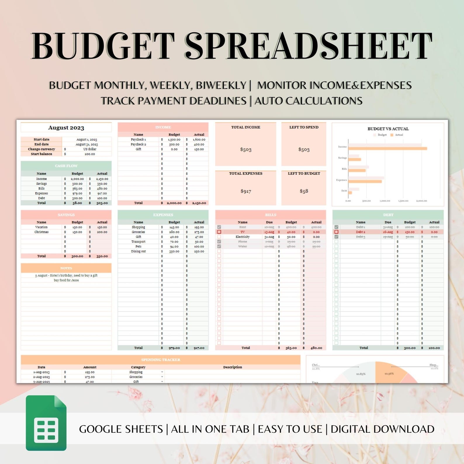 Budget Spreadsheet Template for Google Sheets Financial Planner for