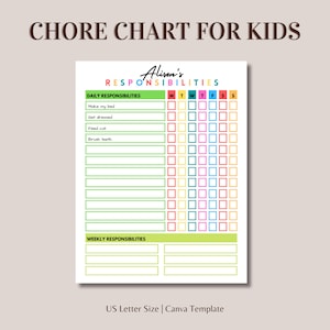 Editable Chore Chart for Kids Weekly Responsibility Chart Digital Download Canva Templates