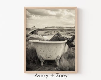Cowboy In A Bathtub1, Americana Home Décor, Vintage Southern Art Print, Western Bathroom PRINTABLE, Modern Farmhouse Digital Download Art