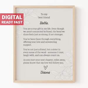 Regalo imprimible personalizado para amigas a distancia, regalo de despedida personalizado para mejores amigas, poema de almas gemelas, arte de pared digital descargable, n.° 1033b