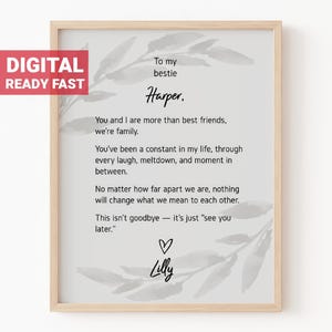 Regalo imprimible personalizado para amigas a distancia, regalo de despedida personalizado para mejores amigas, poema de almas gemelas, arte de pared digital descargable, n.° 1034a