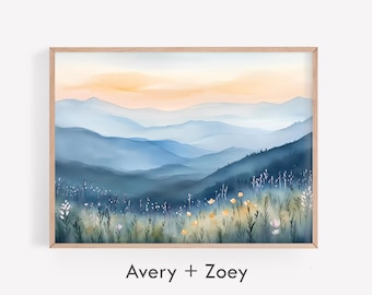 Smoky Mountains Spring Landscape, Blue Ridge Watercolor Art, Modern Minimalist Nature PRINTABLE Art, North Carolina Digital Download Print