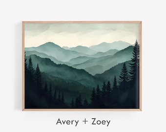 Green Mountain Modern, Forest Mountains Landscape, Minimalist Sage Green Rustic Wall Décor, Nature Watercolor Digital Download Wall Art