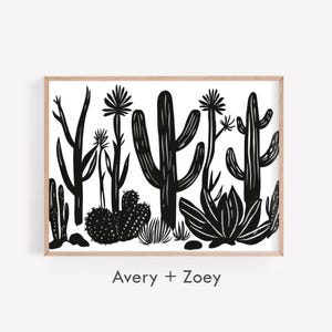 Black And White Cactus Landscape II, Minimalist Cactus Wall Décor, Southwestern Saguaro PRINTABLE, Modern Black And White Digital Download