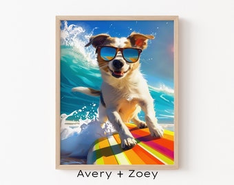 Dog Surfer, Coastal Wall Art, Funny Dog Décor, Dog Lover PRINTABLE, Colorful Canine Beach Wall Art, Retro California Digital Download Art