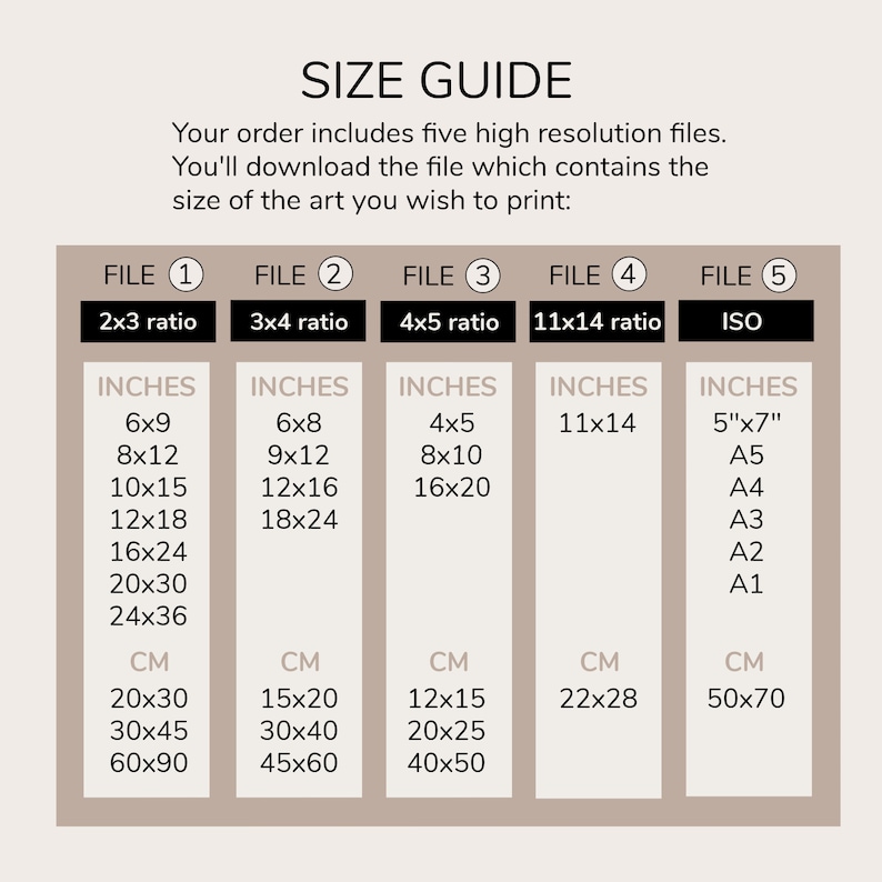 May include: A size guide for digital art prints, showing different file sizes in inches and centimeters. The guide includes five file options: 2x3 ratio, 3x4 ratio, 4x5 ratio, 11x14 ratio, and ISO.