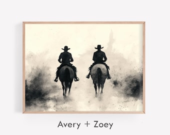 ヴィンテージカウボーイの絵 II、ニュートラルな馬のイラストの壁飾り、馬に乗ったカウボーイの印刷可能、白黒のWestern Digitalダウンロードアート