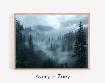 Morning Mountain Fog, Black And White Rustic Landscape, Neutral Outdoor Print, Foggy Forest Printable Art, Misty Pine Tree Digital Download