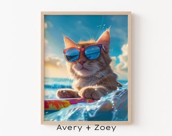 Cat Surfer, Coastal Wall Décor, Funny Feline Art, Cat Lover PRINTABLE, Colorful Cat Beach Wall Art, Retro California Digital Download Art