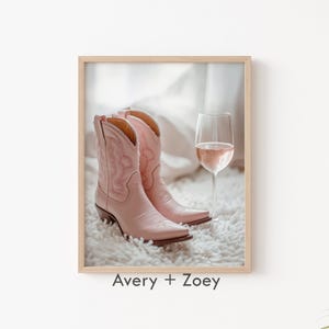 Pink Cowgirl Boots Rosé, Girly Wine Print, Bar Cart Wall Art, Contemporary Fashion PRINTABLE Art, Trendy Preppy Digital Download Wall Art