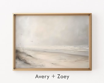 Vintage Neutral Beach, Costal Wall Art, Minimalist Beach Print, Neutral Cloudy Ocean PRINTABLE Art, Seascape Digital Download Art Painting