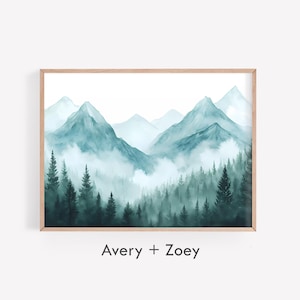 Grüner Berg Aquarell Landschaft, Nebel Berge Wand-Dekor, Neblige Waldlandschaft DRUCKBARE, minimalistischer Wald Digital Download Druck