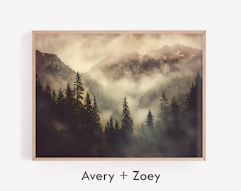 Foggy Mountains, Misty Forest Landscape, Rustic Neutral Landscape, Forest Fog PRINTABLE Wall Art, Misty Pine Tree Digital Download Wall Art