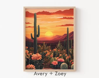 Desert Garden II, Vintage Saguaro Botanical Wall Décor, Arizona Desert Cactus Flower PRINTABLE, Southwestern Boho Digital Download Wall Art