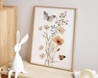 Impresión de flores silvestres para guardería, arte de pared bohemio para guardería, arte de pared para guardería de niña, arte bohemio para niña imprimible, impresión digital para descarga de bebé niña