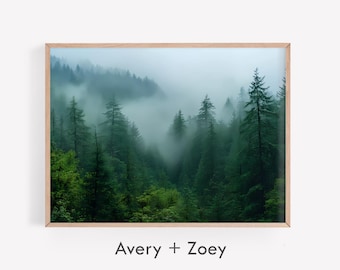 Mountain Fog, Misty Forest Landscape, Rustic Woodland Landscape, Foggy Forest PRINTABLE Wall Art, Misty Pine Trees Digital Download Print
