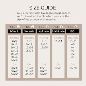 May include: A size guide for digital art prints, showing different file sizes in inches and centimeters. The guide includes five file options: 2x3 ratio, 3x4 ratio, 4x5 ratio, 11x14 ratio, and ISO.