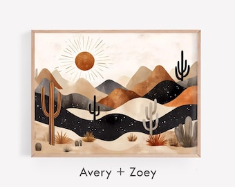 May include: A digital art print featuring a desert landscape with a stylized sun, mountains, and cacti in shades of brown, beige, black, and white. The text "Avery + Zoey" is at the bottom of the print.