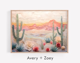 Pastel Desert Landscape, 3D Effect Desert Mountain PRINTABLE, California Landscape Wall Décor, Farmhouse Arizona Cactus Digital Download Art
