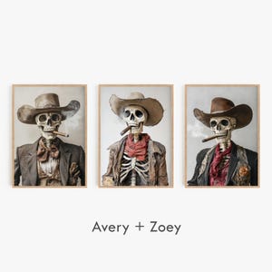 May include: Two skeleton cowboys wearing hats and smoking cigars. The cowboy on the left is wearing a brown suit with a red bow tie. The cowboy on the right is wearing a brown jacket with a red bandana. The background is a light gray.